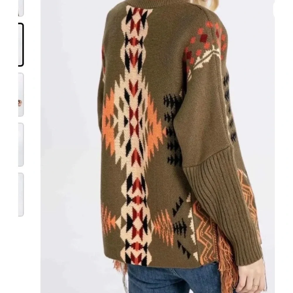 Cotton‎ & Rye Outfitters Womens Southwestern Fringe Sweater Olive Green Small - Picture 2 of 9